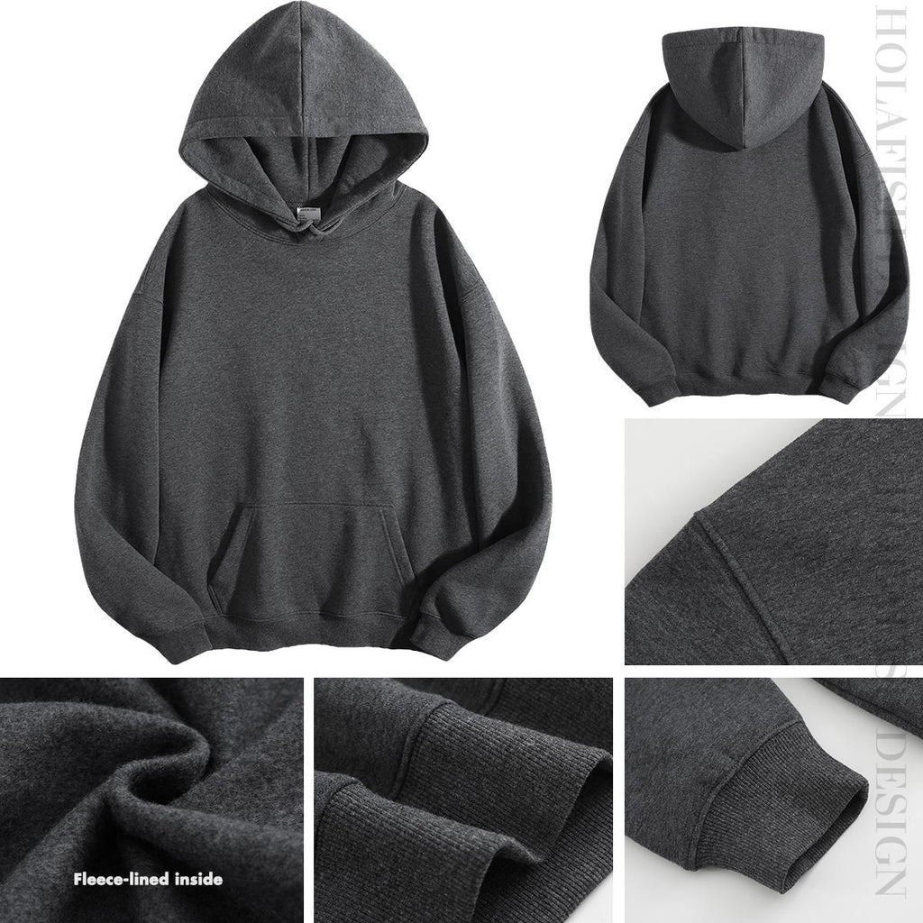 Holafish Fleece Hoodie, No Print, Gray, front-and-back and fabric-detail collage.