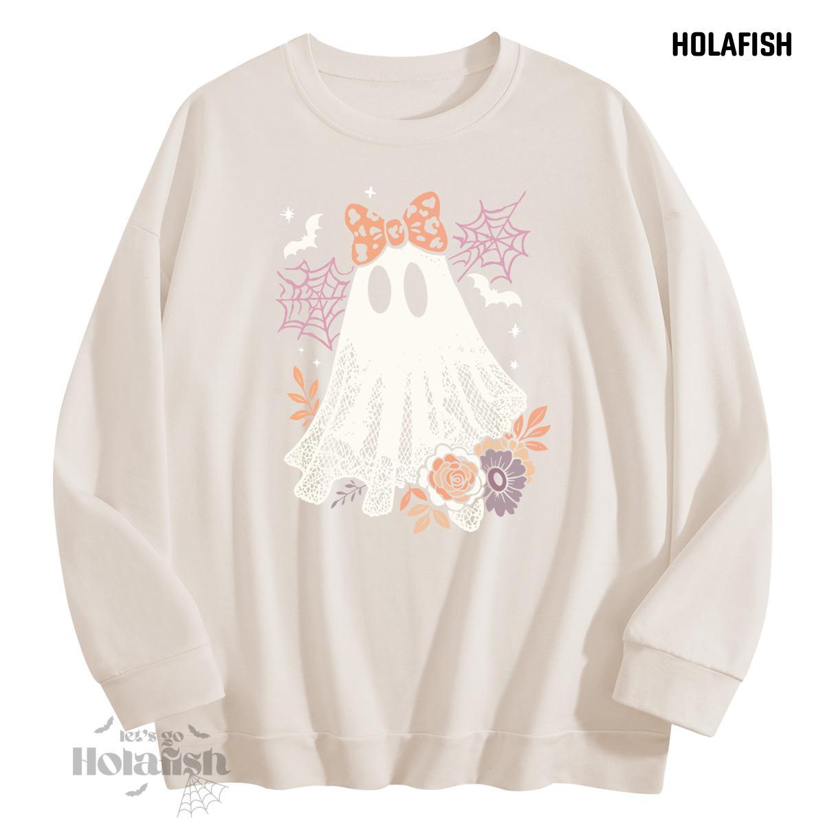 Holafish Graphic Crewneck Sweatshirt, Ghost Lace Bow, Beige, front flat lay.
