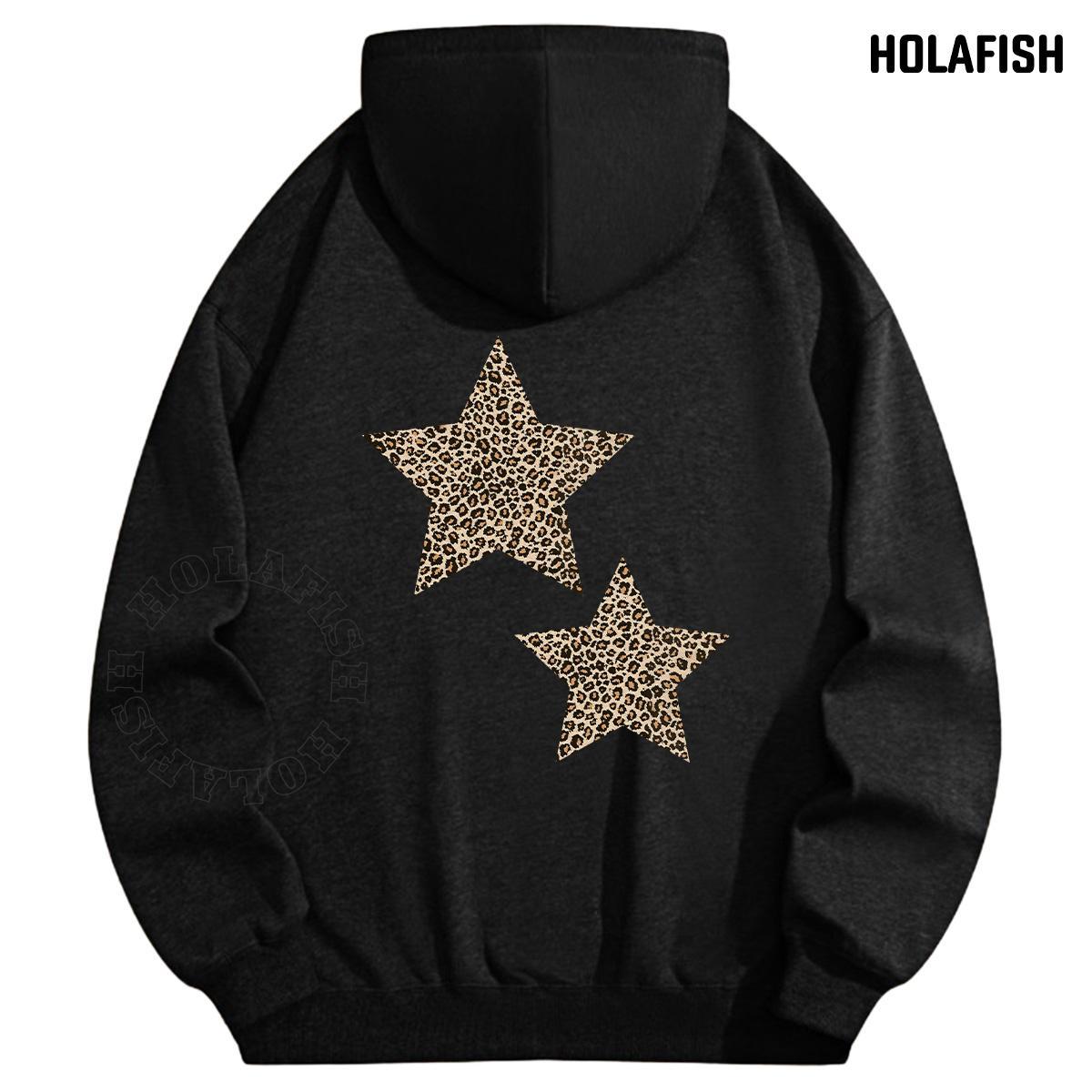 Holafish Fleece Hoodie, Double Leopard Star Back, Black, back flat lay.