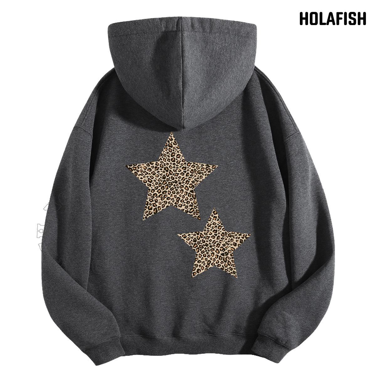 Holafish Fleece Hoodie, Double Leopard Star Back, Gray, back flat lay.