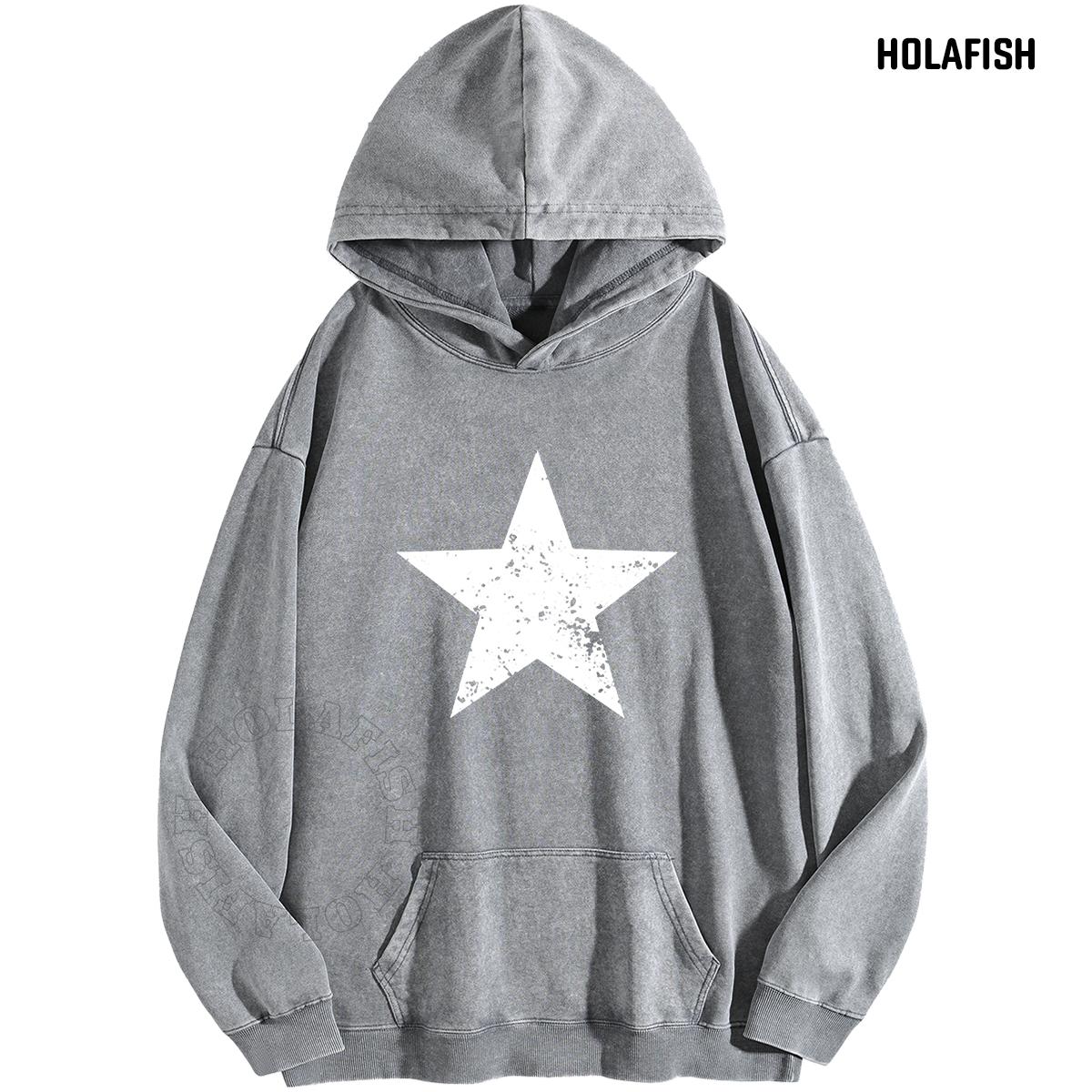 Holafish Acid-Wash Hoodie, White Star Front, Gray, front flat lay.