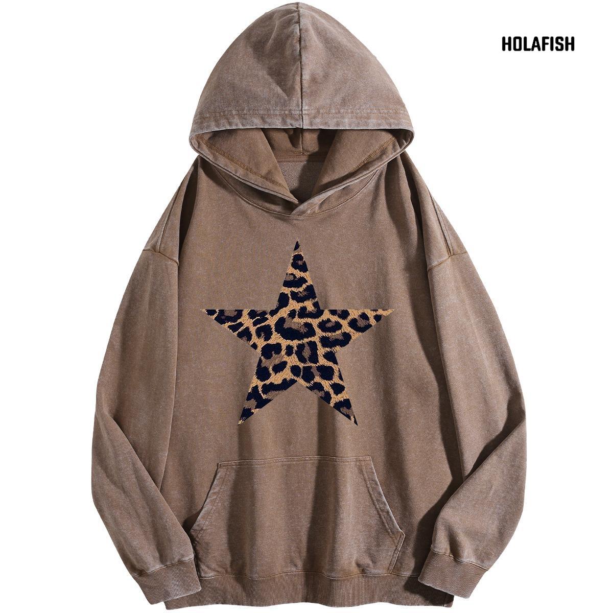 Holafish Acid-Wash Hoodie, Leopard Star Front, Coffee, front flat lay.
