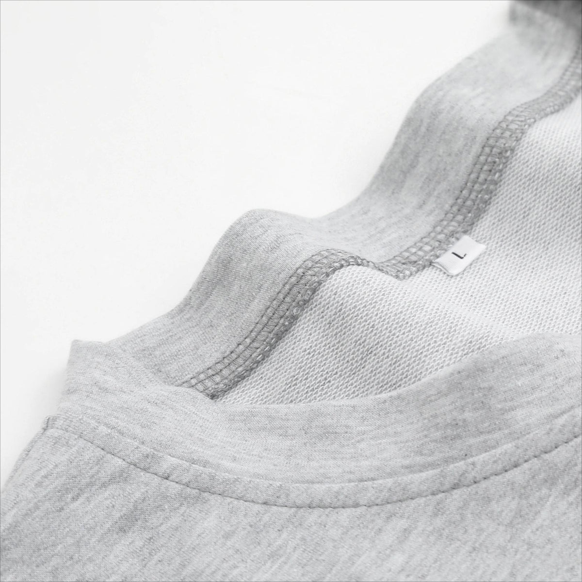 Holafish Graphic Crewneck Sweatshirt, Ghost Lace Bow, Gray, collar stitching detail.