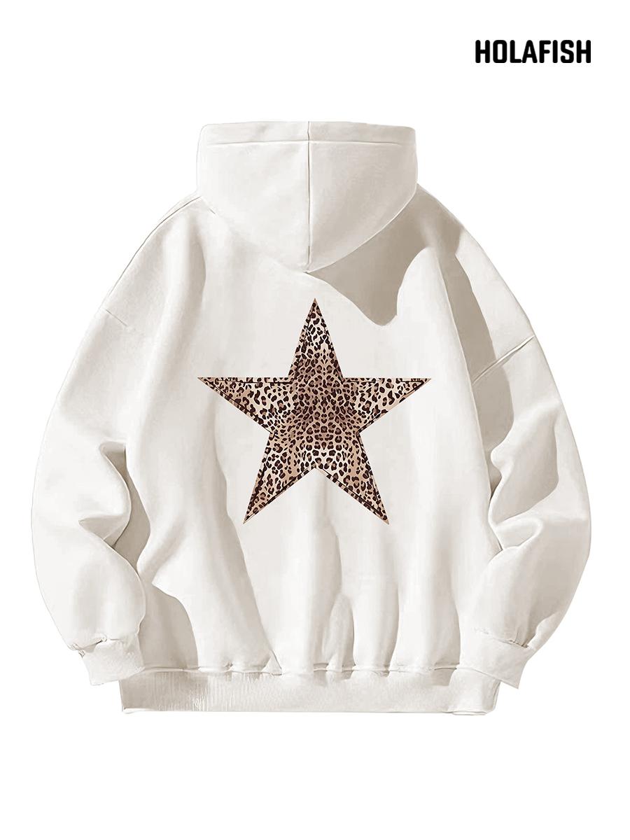 Holafish Fleece Hoodie, Outlined Leopard Star Back, White, back flat lay. View 1.