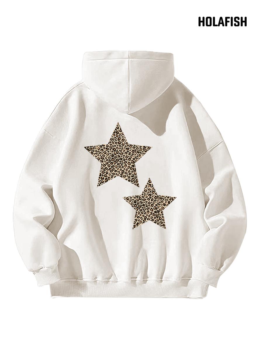 Holafish Fleece Hoodie, Double Leopard Star Back, White, back flat lay. View 1.