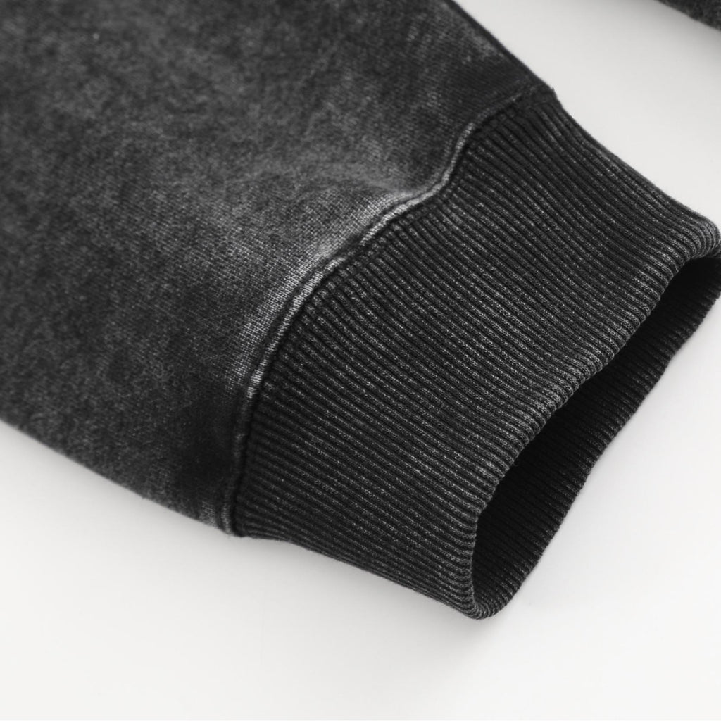 Holafish Acid-Wash Hoodie, White Star Front, Black, cuff detail.