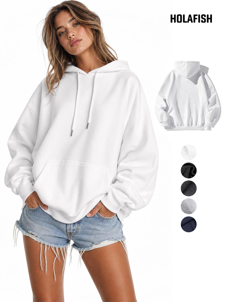 Holafish Fleece Hoodie, No Print, White, model front view with back inset and color swatches.