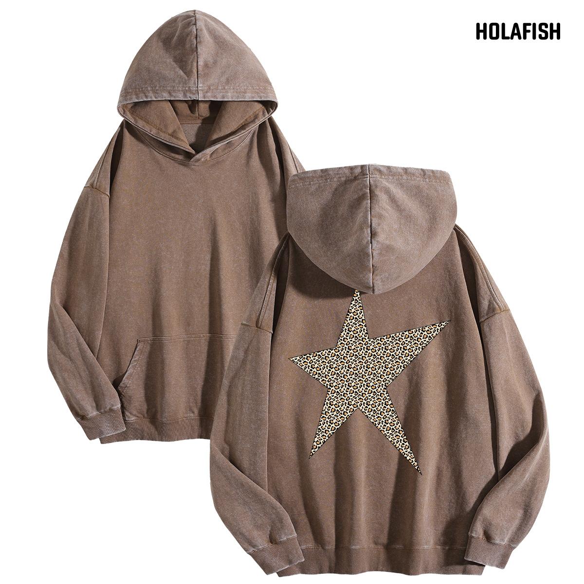 Holafish Acid-Wash Hoodie, Leopard Star Back, Coffee, front and back flat-lay pair.