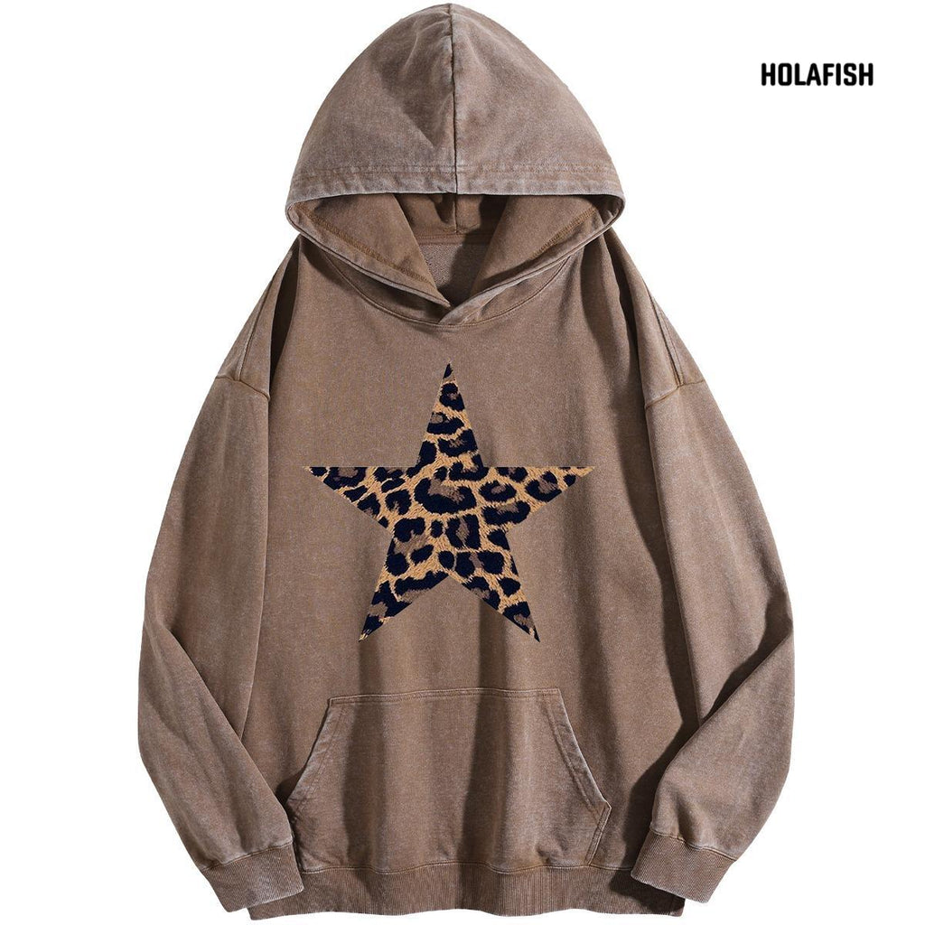 Holafish Acid-Wash Hoodie, Leopard Star Front, Coffee, front flat lay.