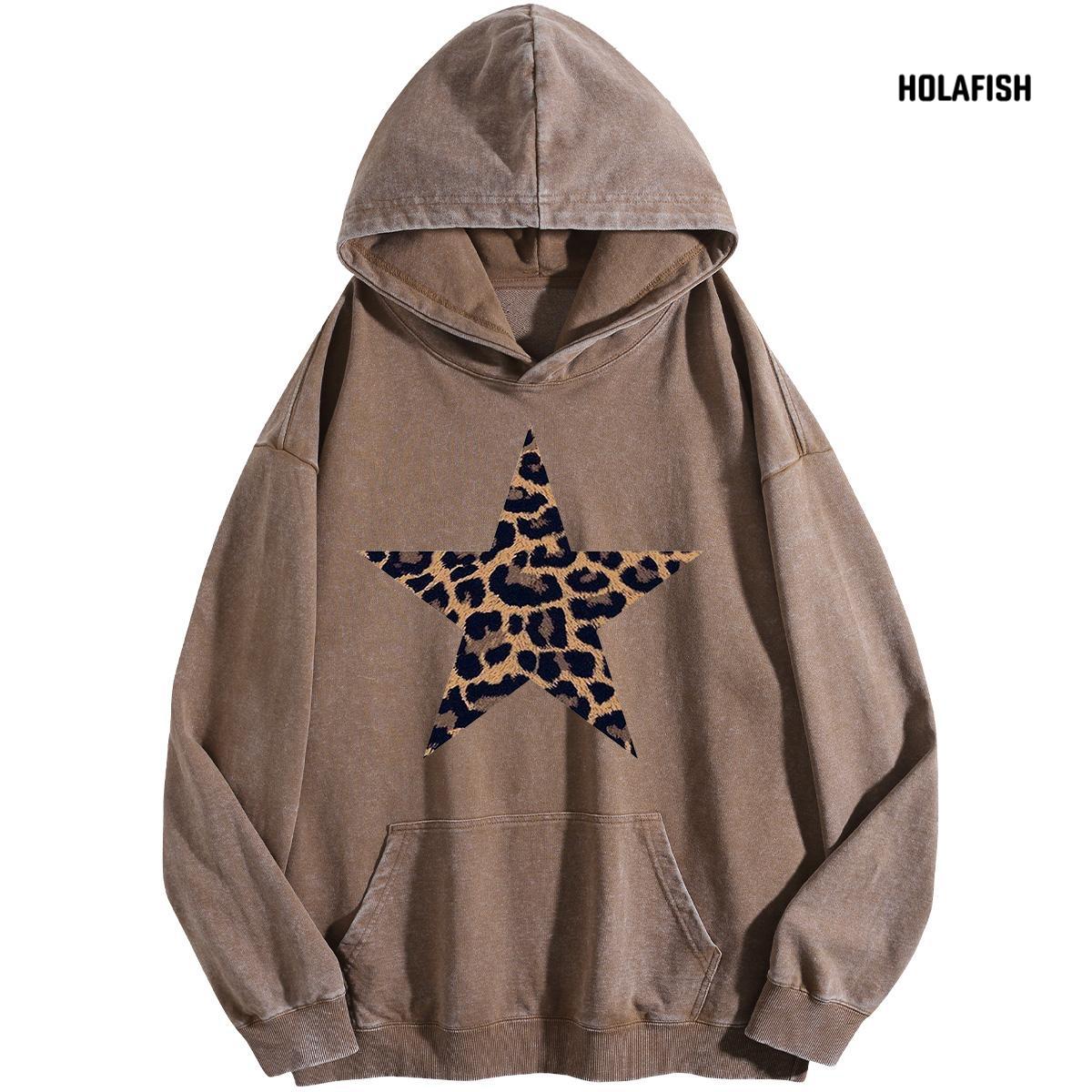 Holafish Acid-Wash Hoodie, Leopard Star Front, Coffee, front flat lay.