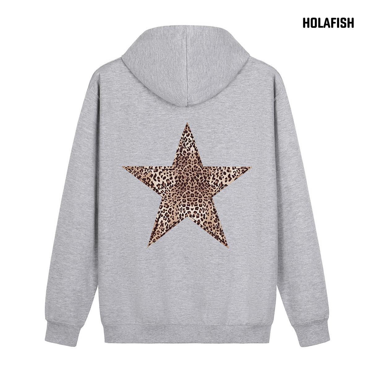 Holafish Fleece Hoodie, Outlined Leopard Star Back, Light Gray, back flat lay.