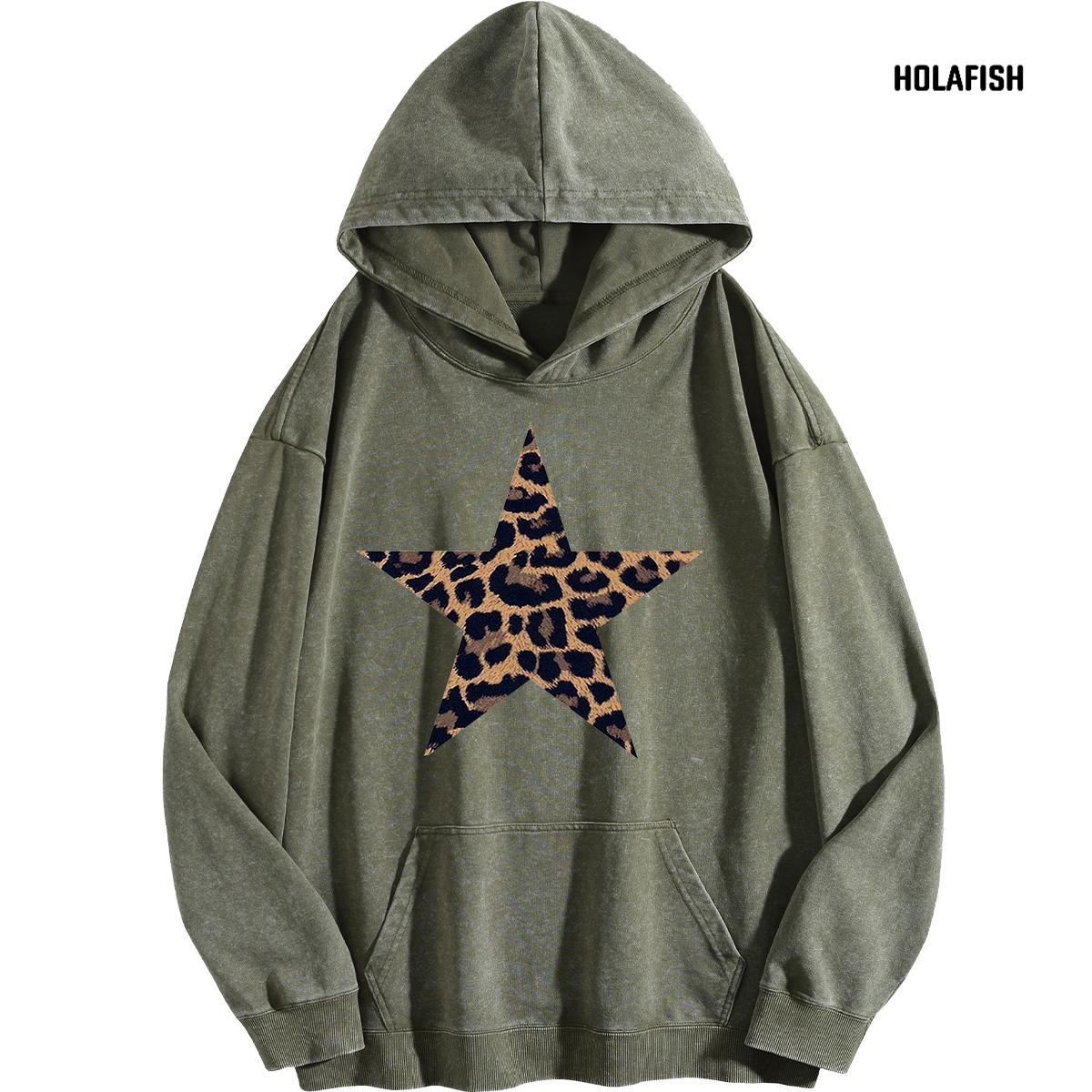 Holafish Acid-Wash Hoodie, Leopard Star Front, Army Green, front flat lay.