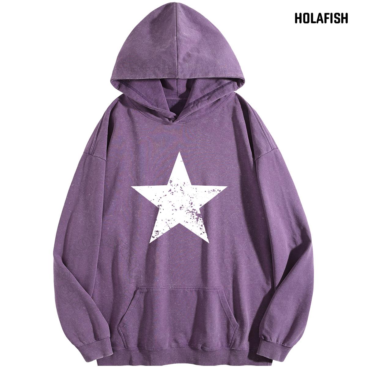 Holafish Acid-Wash Hoodie, White Star Front, Purple, front flat lay.