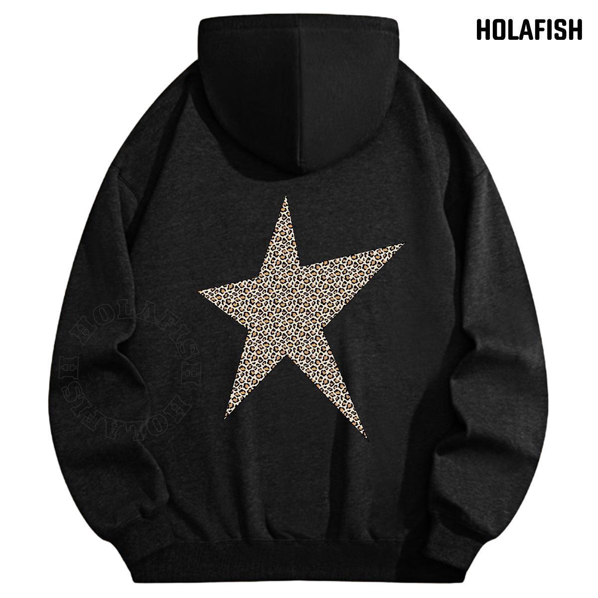 Holafish Fleece Hoodie, Asymmetric Leopard Star Back, Black, back flat lay.