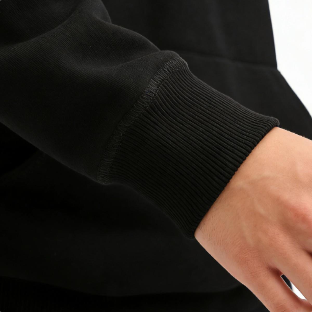 Holafish Fleece Hoodie, Asymmetric Leopard Star Back, Black, cuff worn on wrist.