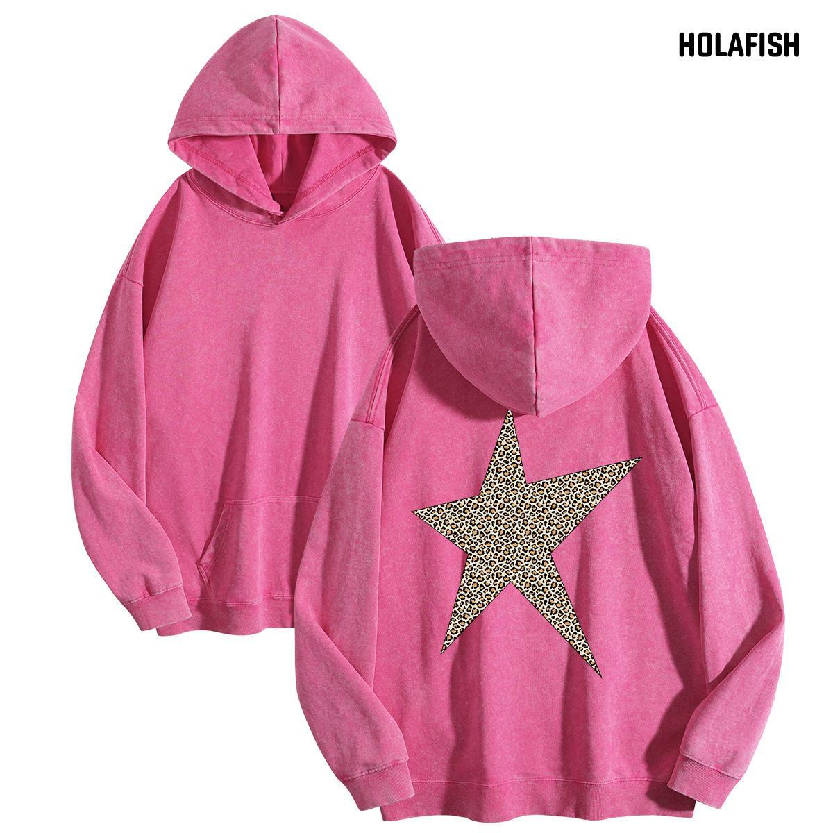 Holafish Acid-Wash Hoodie, Leopard Star Back, Pink, front and back flat-lay pair.