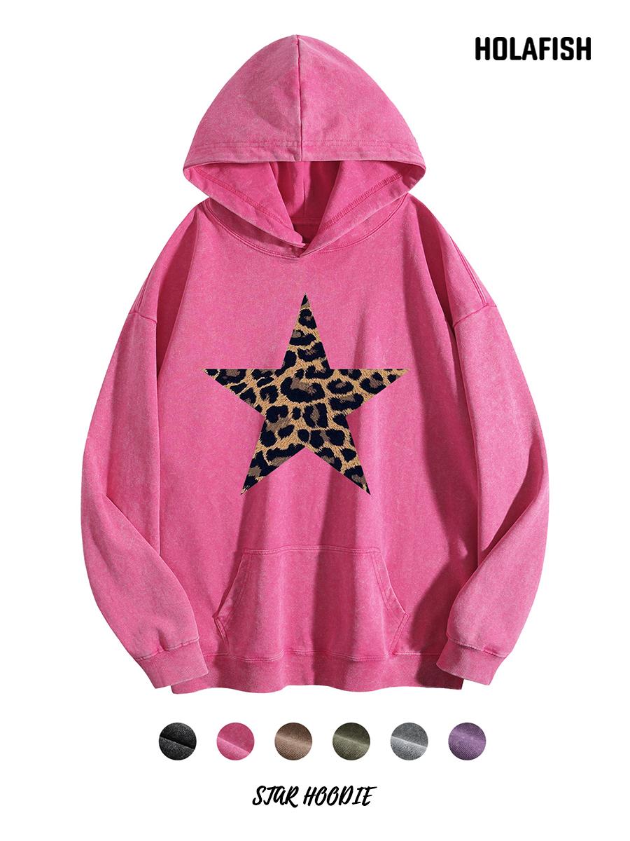 Holafish Acid-Wash Hoodie, Leopard Star Front, Pink, front flat lay with color swatches.