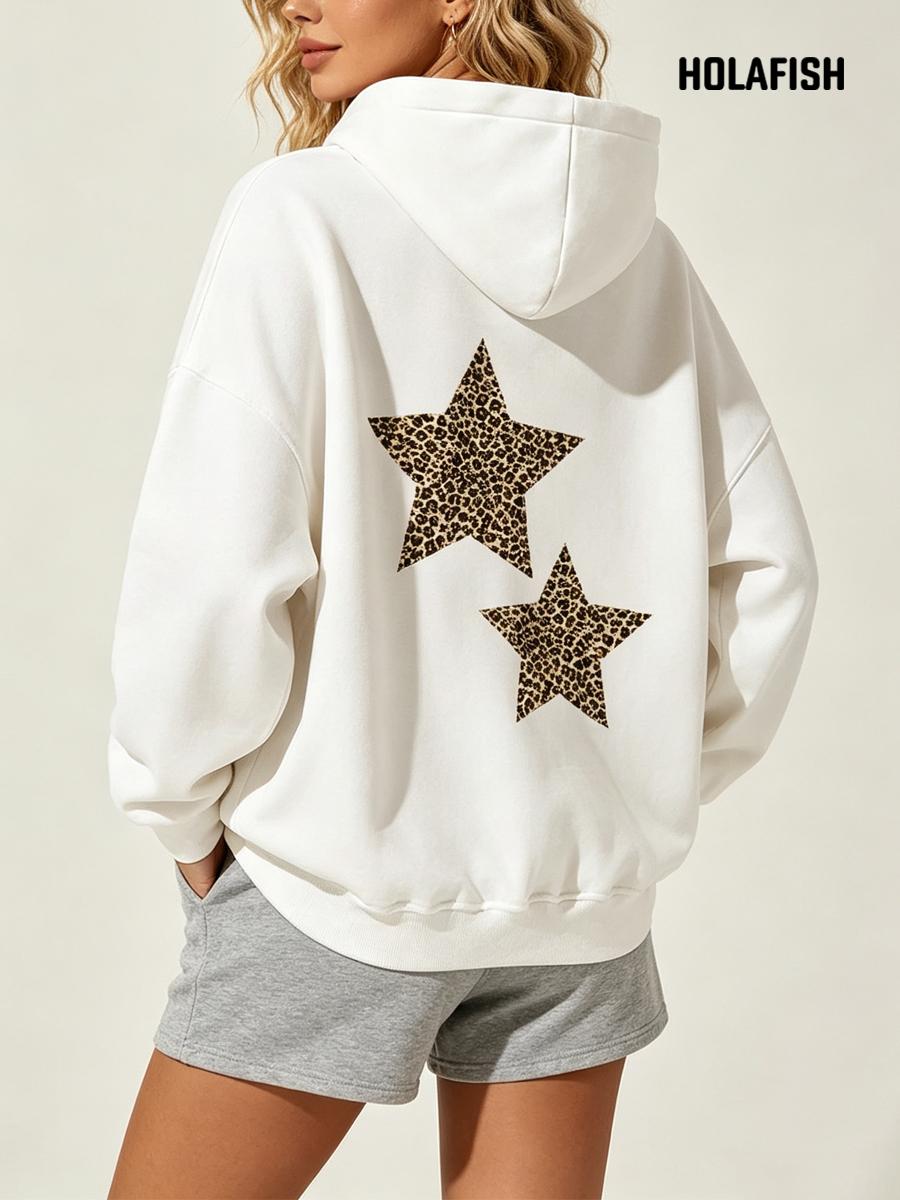 Holafish Fleece Hoodie, Double Leopard Star Back, White, model back view.