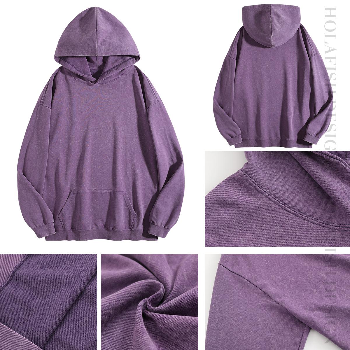 Holafish Acid-Wash Hoodie, No Print, Purple, front and back detail collage.