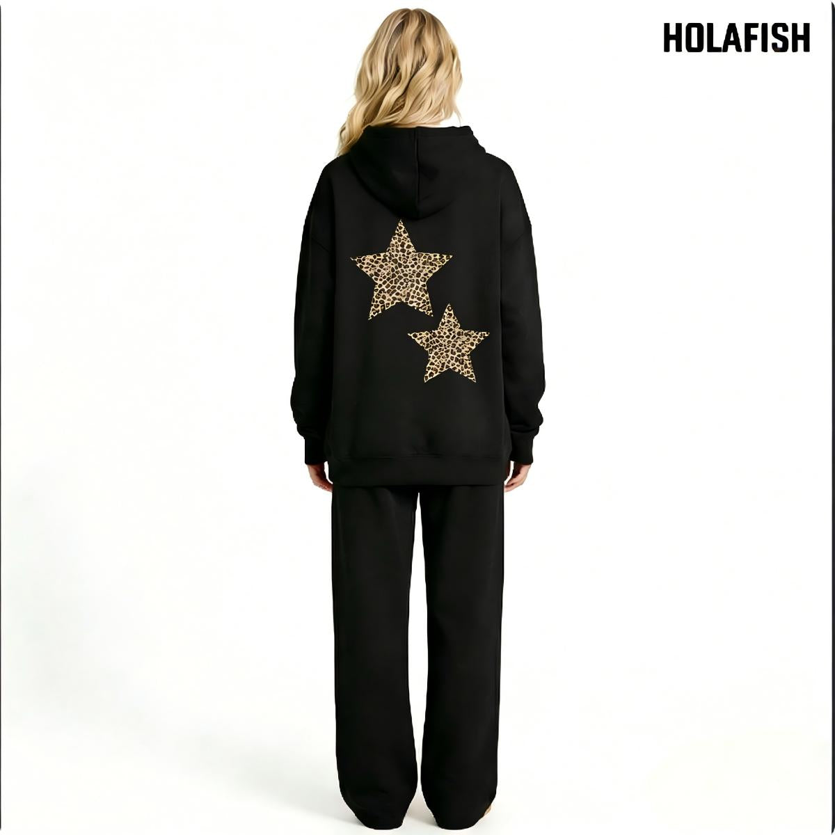 Holafish Fleece Hoodie, Double Leopard Star Back, Black, model back view.