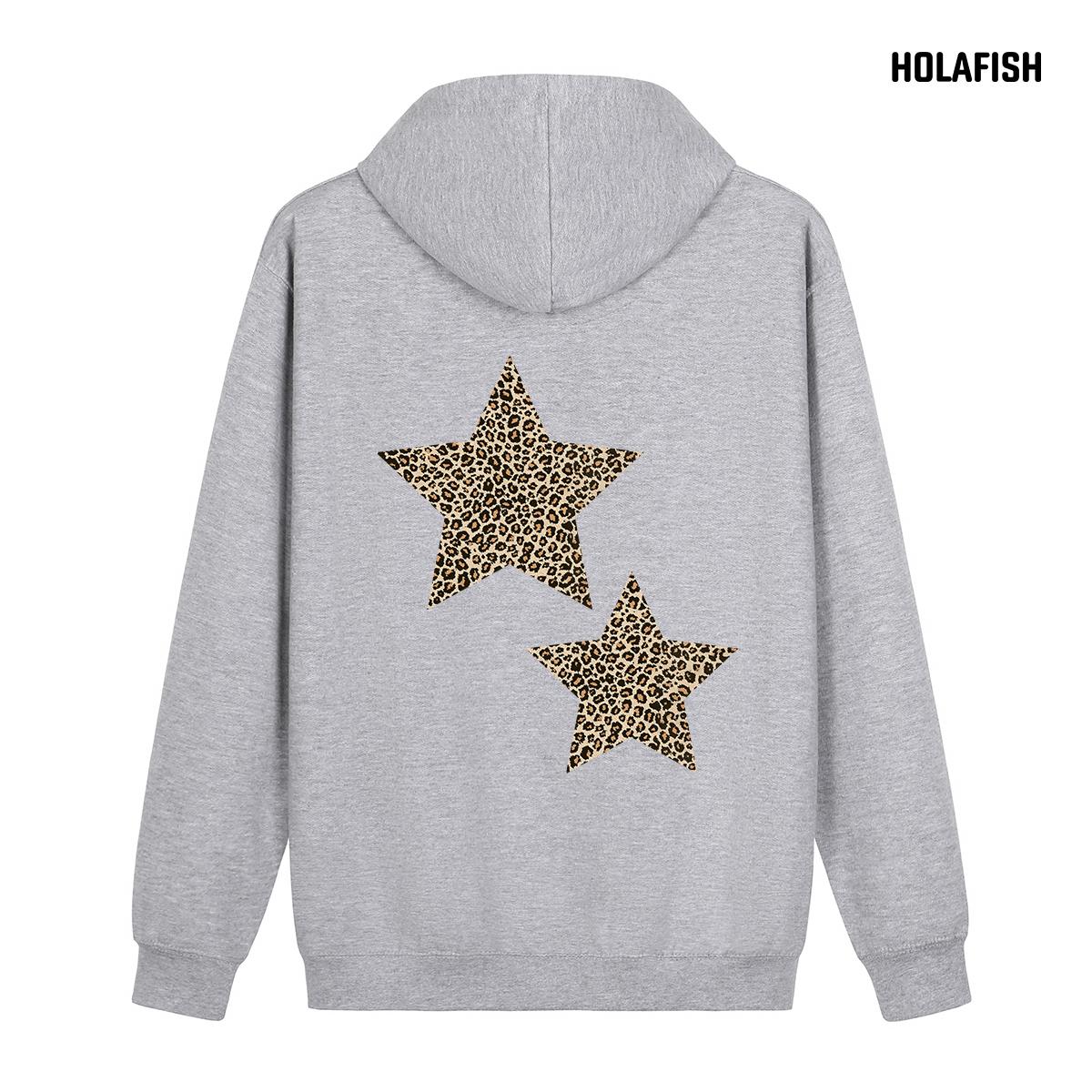 Holafish Fleece Hoodie, Double Leopard Star Back, Light Gray, back flat lay.