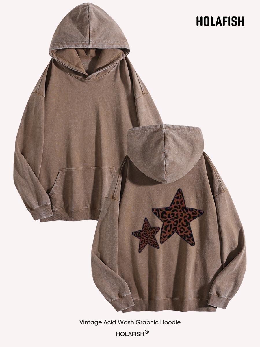 Holafish Acid-Wash Hoodie, Double Star Back, Coffee, front and back flat-lay pair.