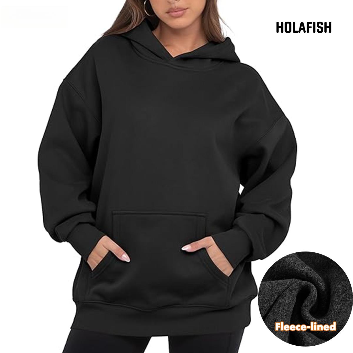 Holafish Fleece Hoodie, No Print, Black, model front view with fleece inset.