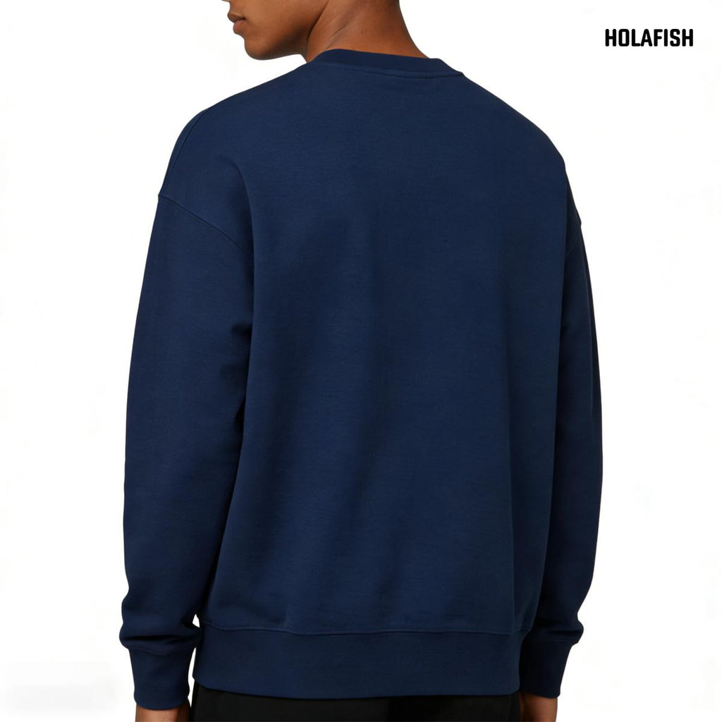 Holafish Crewneck Sweatshirt, No Print, Navy, model back view.
