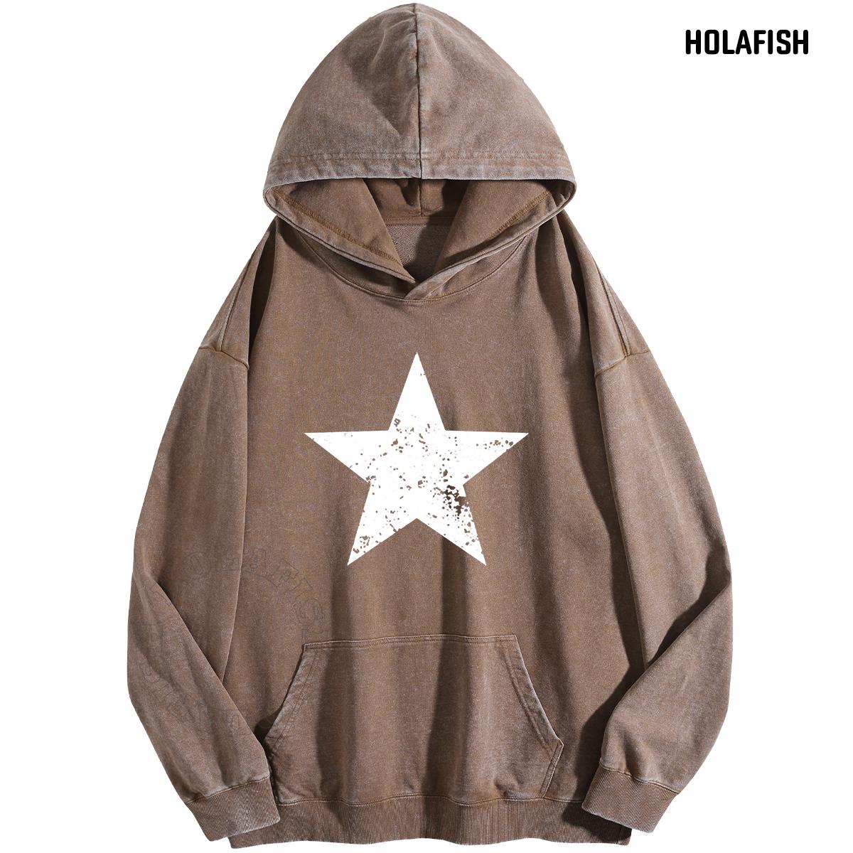 Holafish Acid-Wash Hoodie, White Star Front, Coffee, front flat lay.