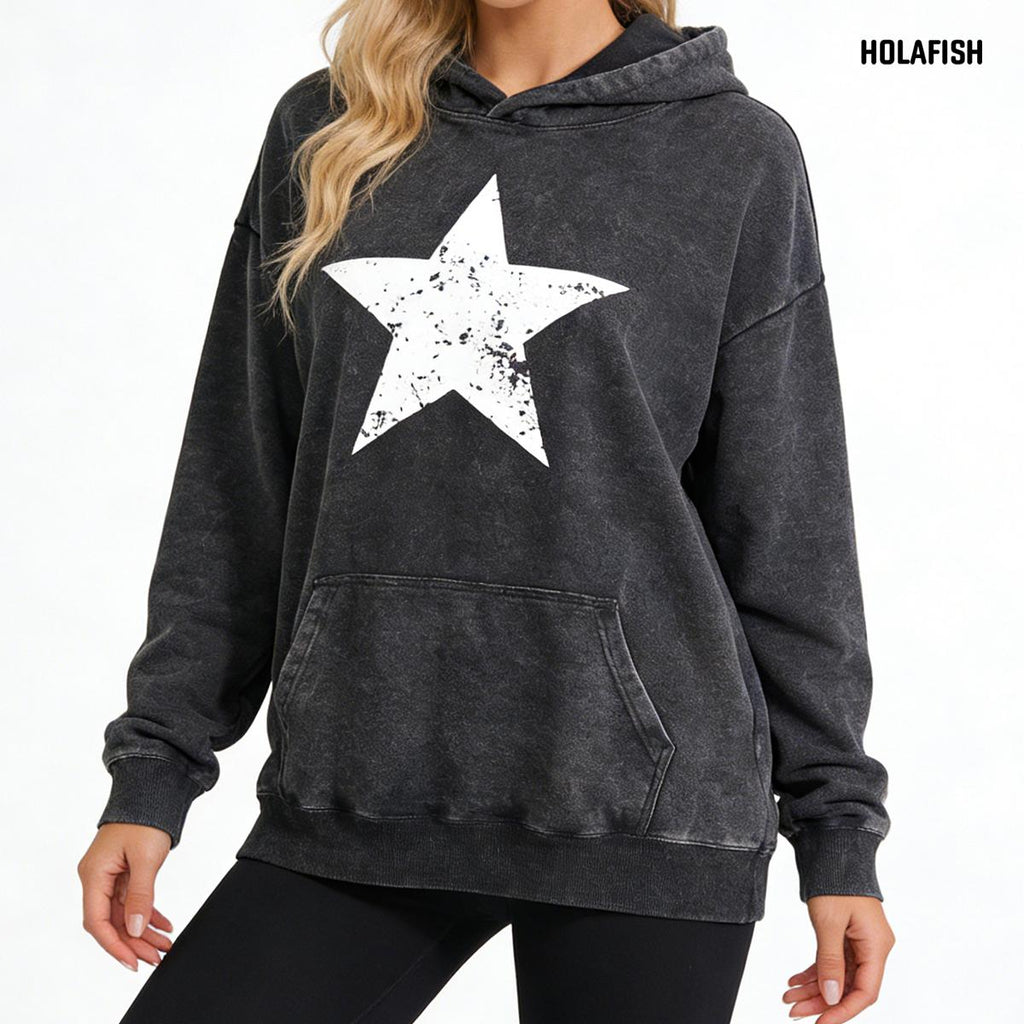 Holafish Acid-Wash Hoodie, White Star Front, Black, model front view.
