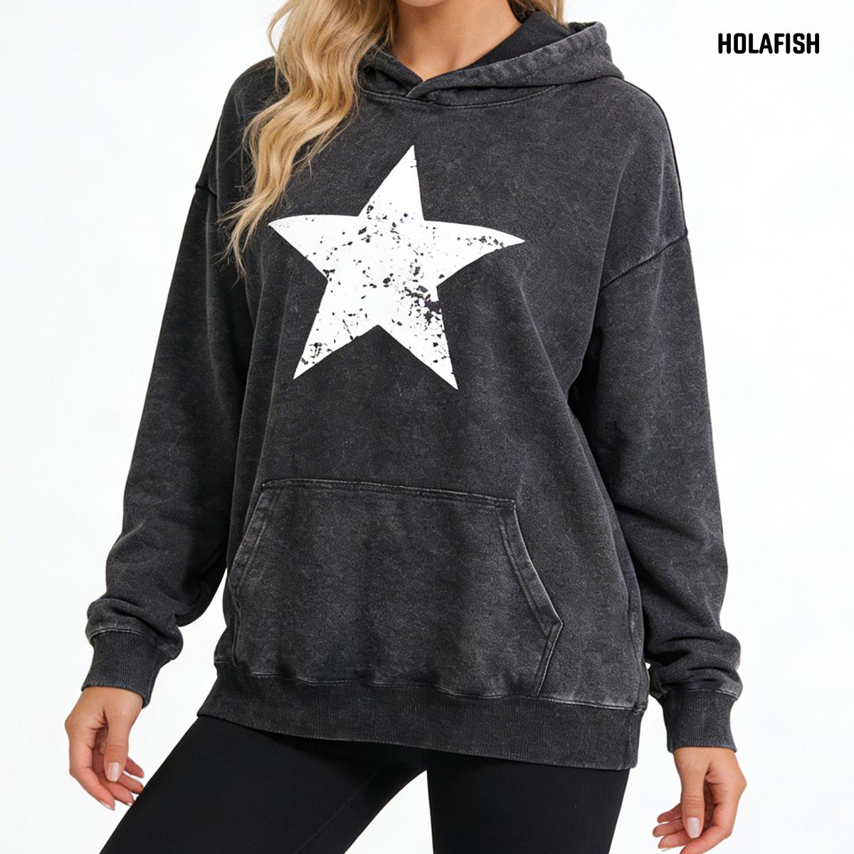 Holafish Acid-Wash Hoodie, White Star Front, Black, model front view.