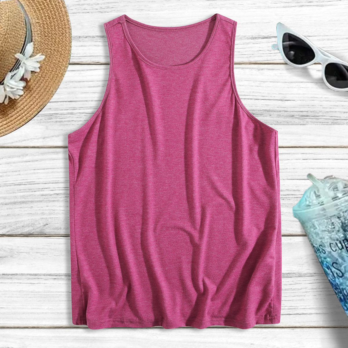 Holafish 2Pack Summer Tank Tops for Women Plain Round Neck Sleeveles T Shirts Loose Breathable Workout Racerback Tank Tops Soft Polyester Solid Color