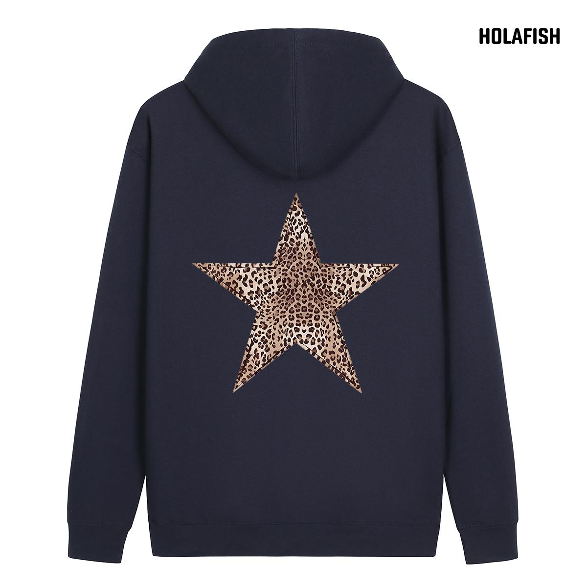 Holafish Fleece Hoodie, Outlined Leopard Star Back, Navy, back flat lay.