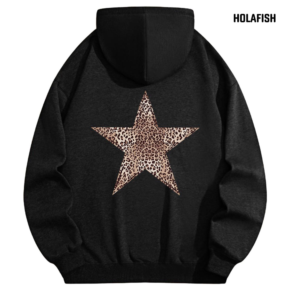 Holafish Fleece Hoodie, Outlined Leopard Star Back, Black, back flat lay.