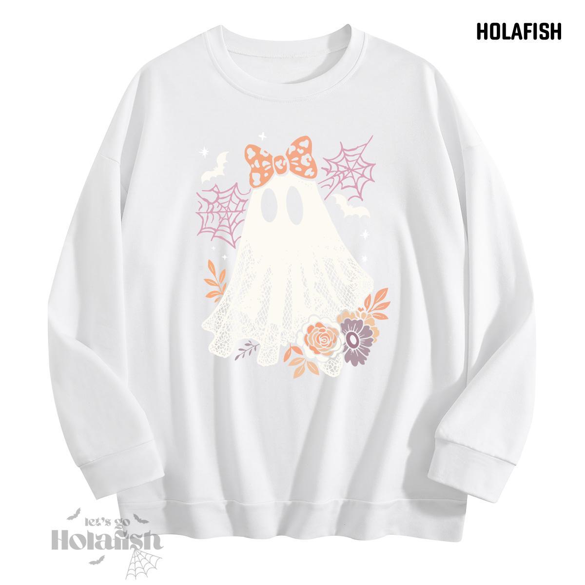 Holafish Graphic Crewneck Sweatshirt, Ghost Lace Bow, White, front flat lay.