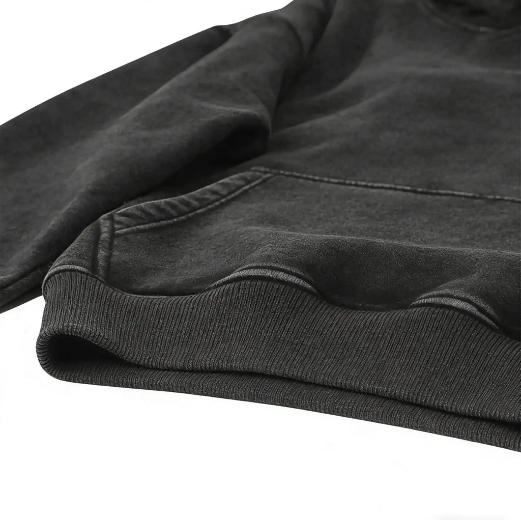 Holafish Acid-Wash Hoodie, Double Star Back, Black, hem and fabric detail.
