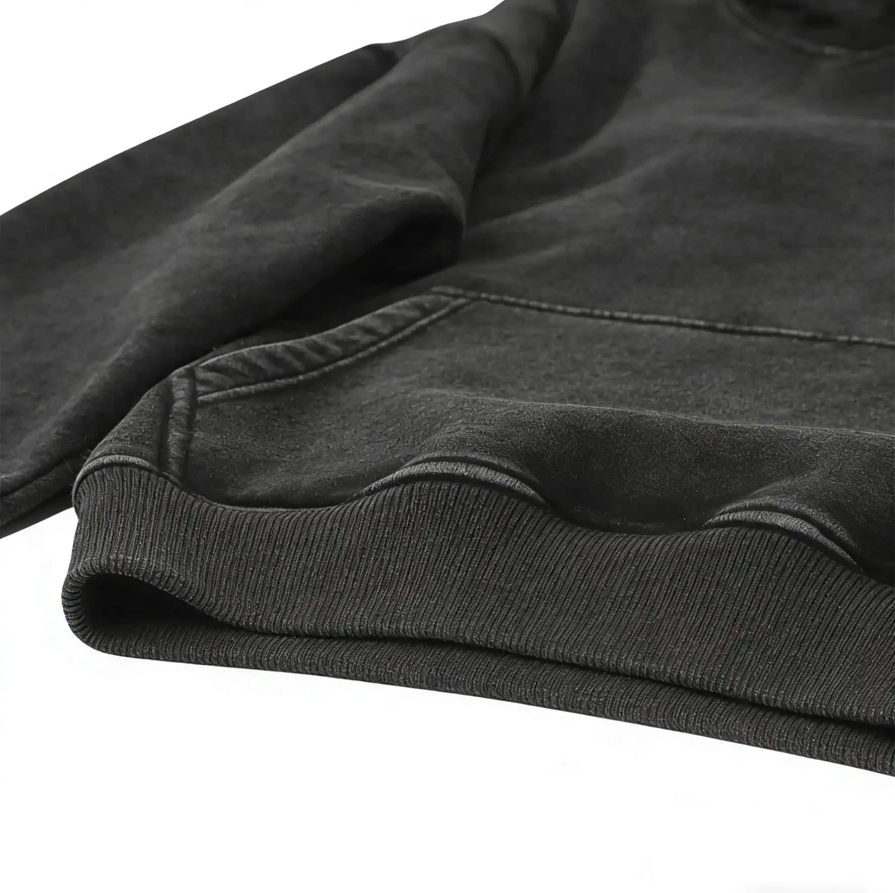 Holafish Acid-Wash Hoodie, Double Star Back, Black, hem and fabric detail.
