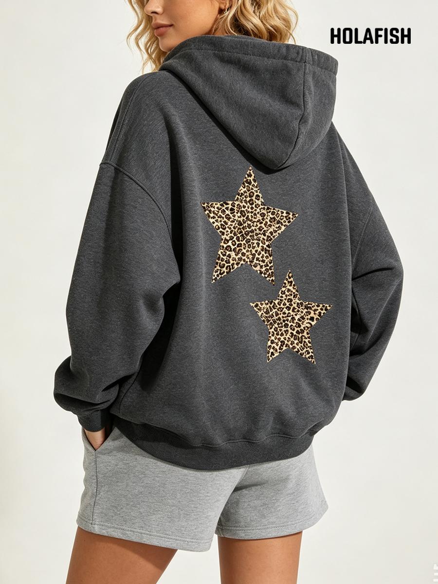 Holafish Fleece Hoodie, Double Leopard Star Back, Gray, model back view.