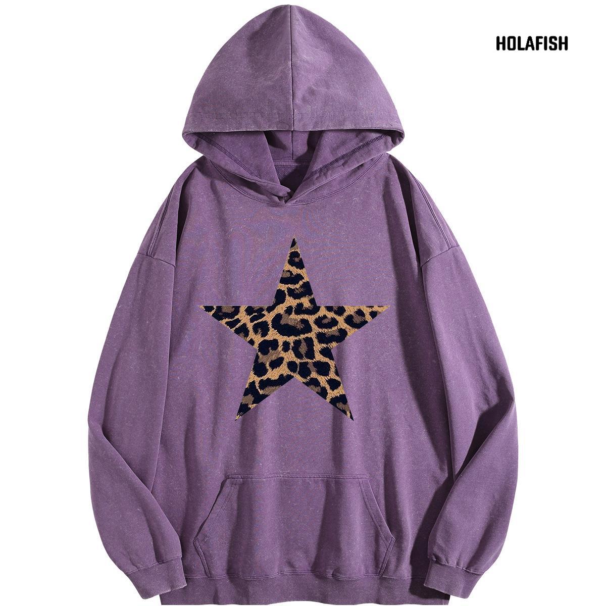 Holafish Acid-Wash Hoodie, Leopard Star Front, Purple, front flat lay.