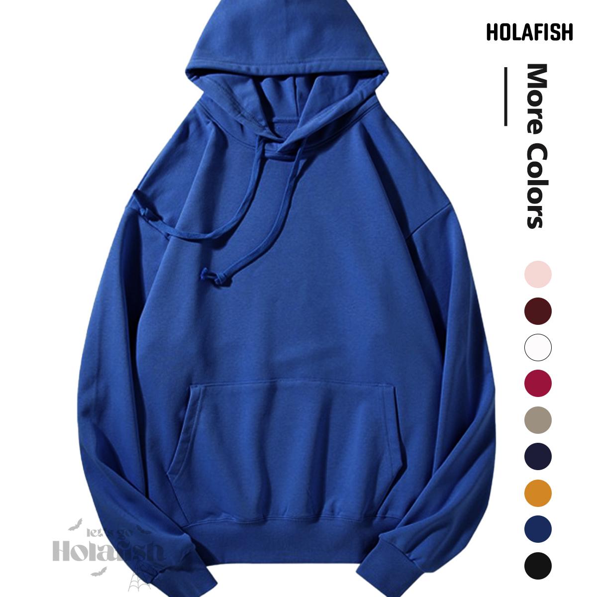 Holafish Everyday Fleece Hoodie, No Print, Royal Blue, front flat lay with color swatches.