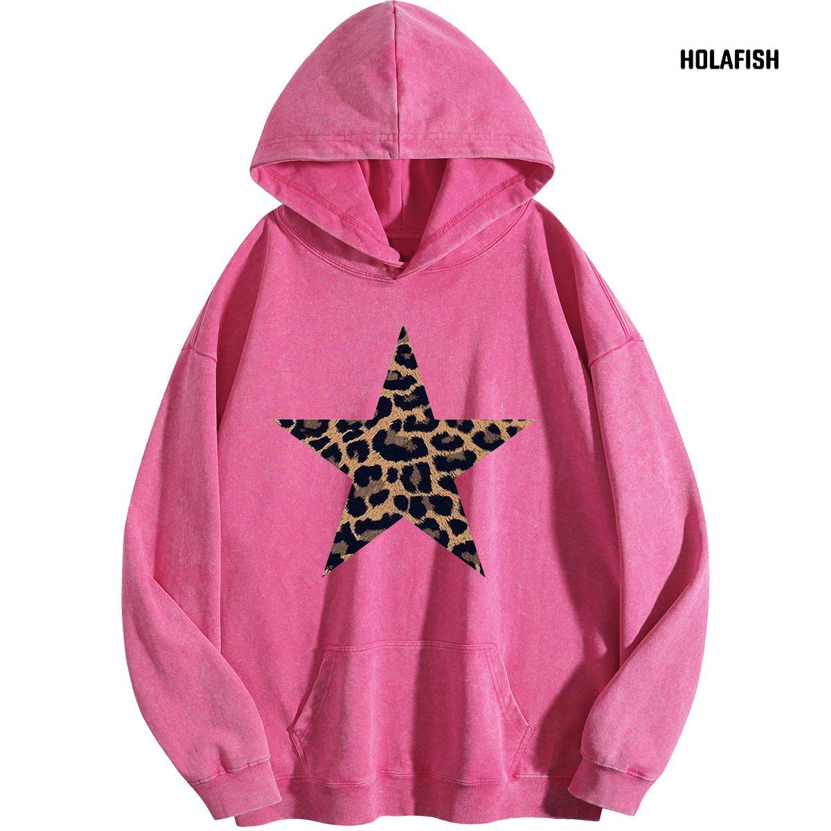 Holafish Acid-Wash Hoodie, Leopard Star Front, Pink, front flat lay.