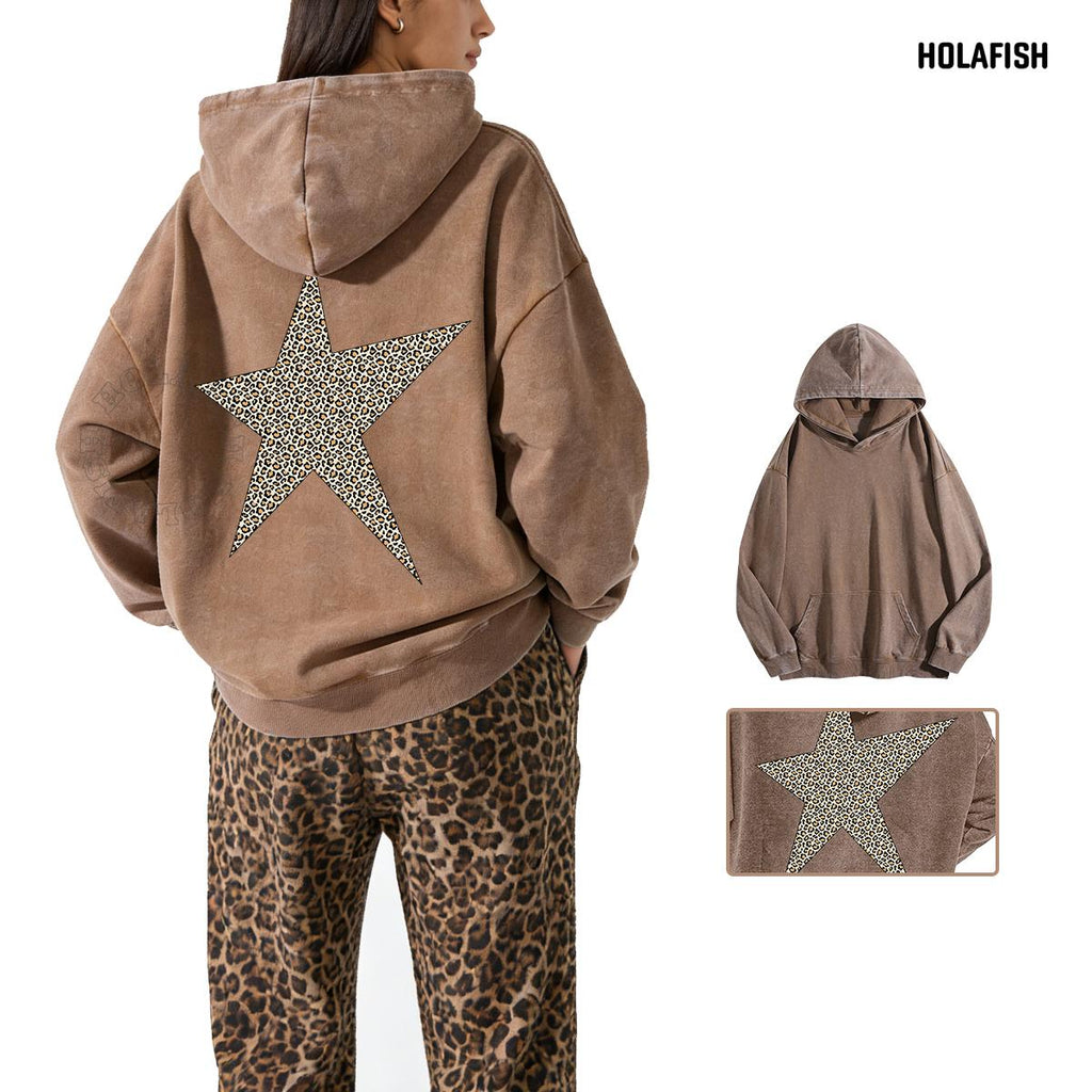 Holafish Acid-Wash Hoodie, Leopard Star Back, Coffee, model back view with front inset.