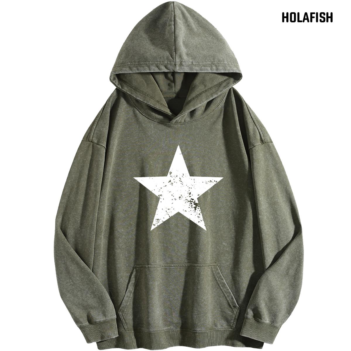 Holafish Acid-Wash Hoodie, White Star Front, Army Green, front flat lay.