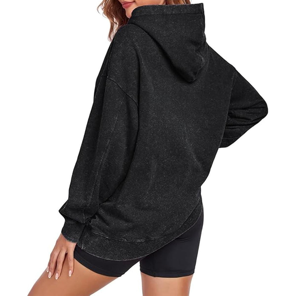 Holafish Acid-Wash Hoodie, White Star Front, Black, model plain-back view; white star is on front.