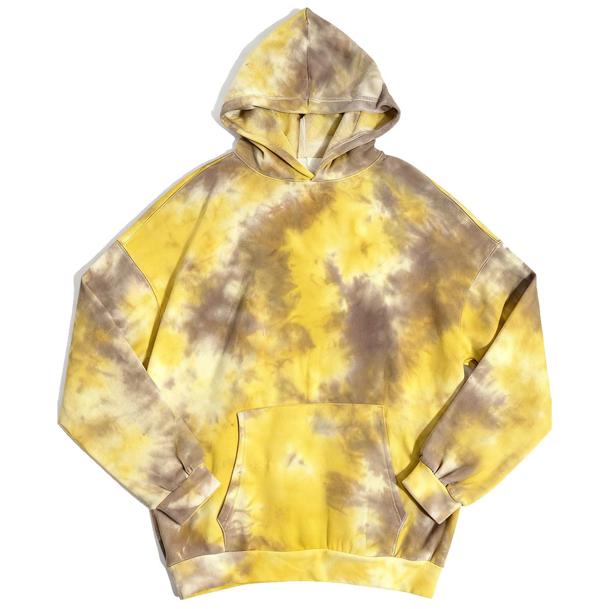 Holafish Allover-Pattern Hoodie, Tie-Dye, Yellow, tie-dye hoodie front flat lay.