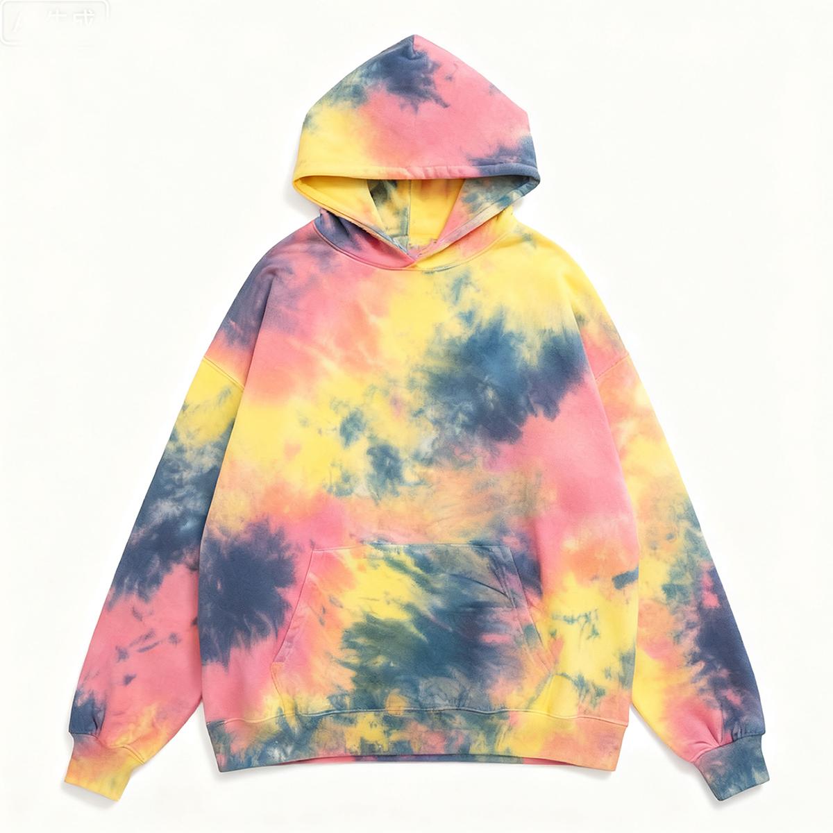 Holafish Allover-Pattern Hoodie, Tie-Dye, Rainbow, tie-dye hoodie front flat lay.