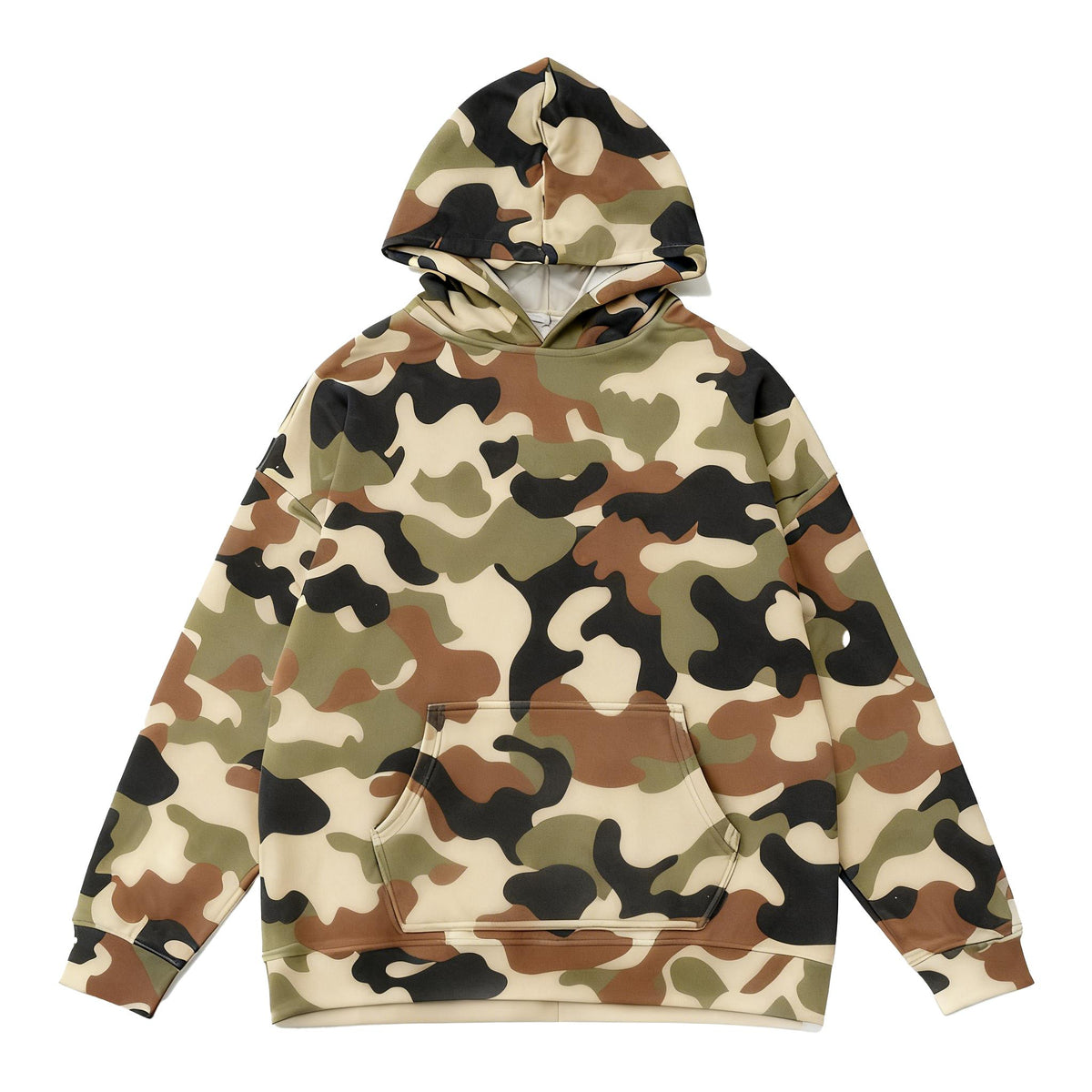 Holafish Allover-Pattern Hoodie, Camouflage, Olive, camouflage hoodie front flat lay.