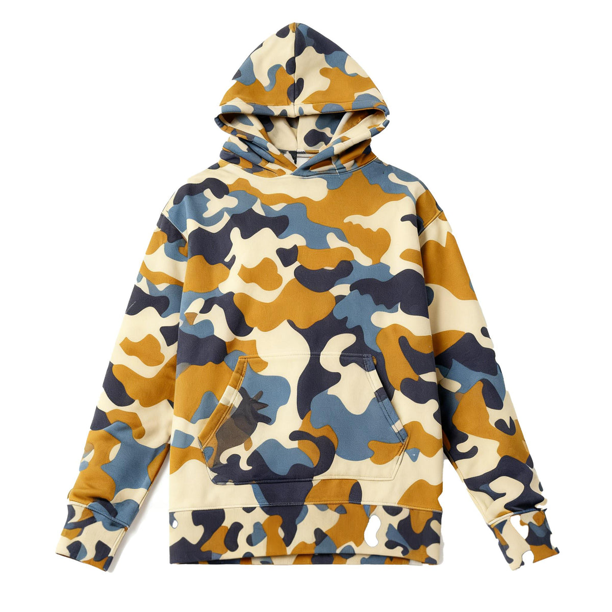 Holafish Allover-Pattern Hoodie, Camouflage, Teal, camouflage hoodie front flat lay.