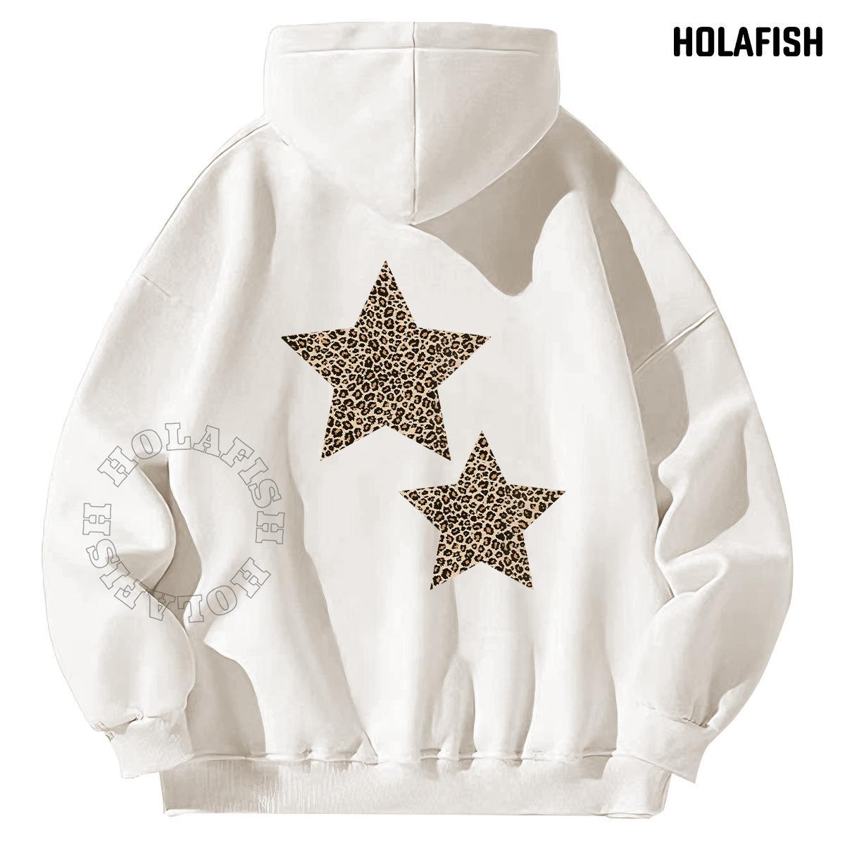 Holafish Fleece Hoodie, Double Leopard Star Back, White, back flat lay. View 2.