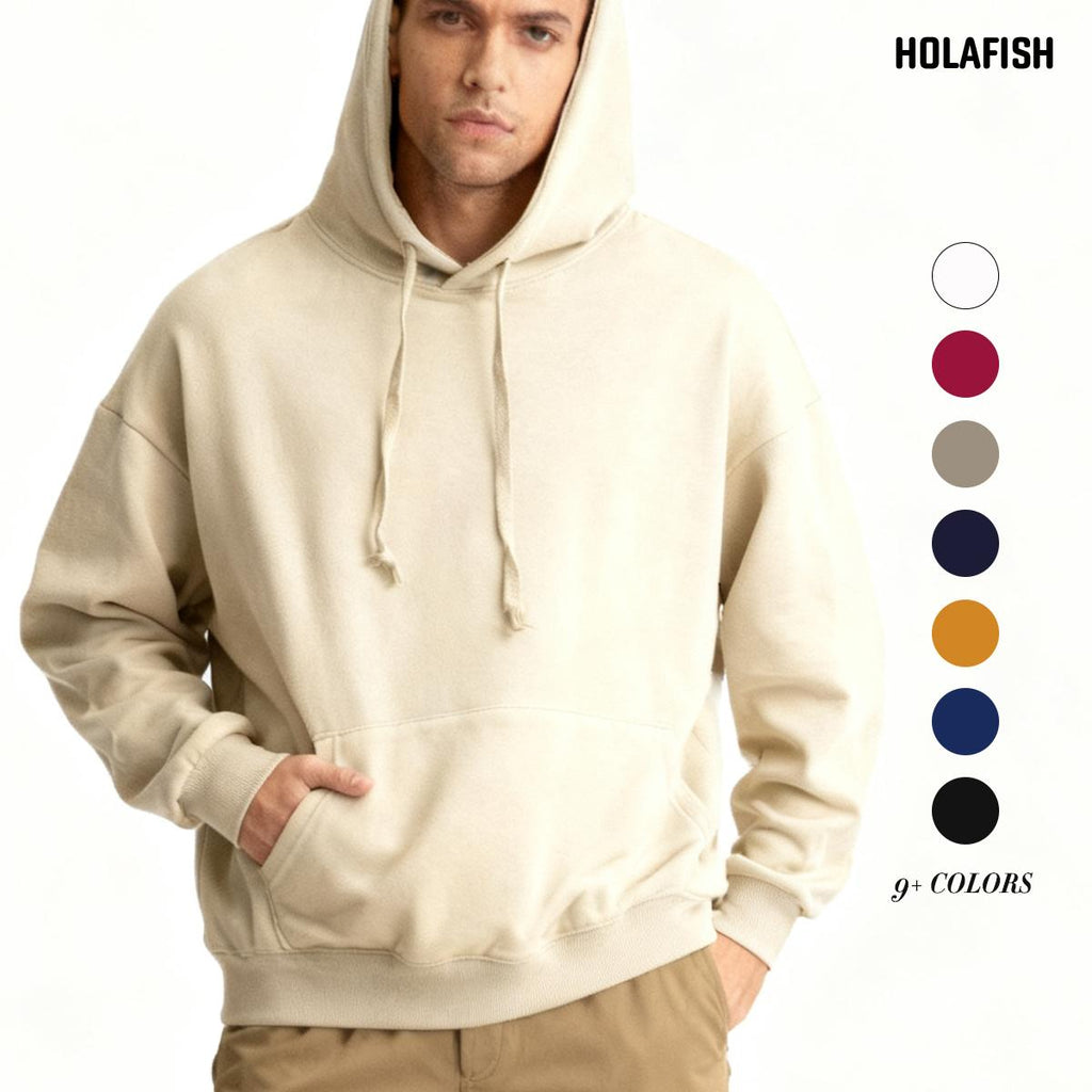 Holafish Everyday Fleece Hoodie, No Print, Sand, model front view with color swatches.